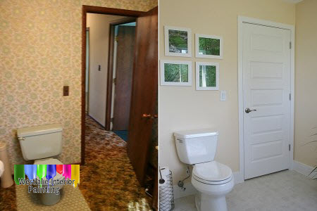 In the bathroom we started off by removing the wallpaper through the room. We then did some prep work to the  walls, ceiling, door and trim. We gave the door and trim a semi gloss finish and the ceiling a new coat of ceiling paint.  After that we gave the walls a fresh neutral color flat finish.